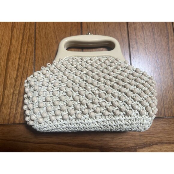 Gaymode Italy Purse Raffia Beaded Cream Beige Celluloid Handle 8” x 8” Clean - Picture 5 of 16